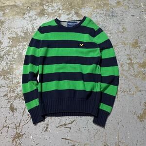 Y2K 2000s American Eagle Navy/Green Striped Sweater